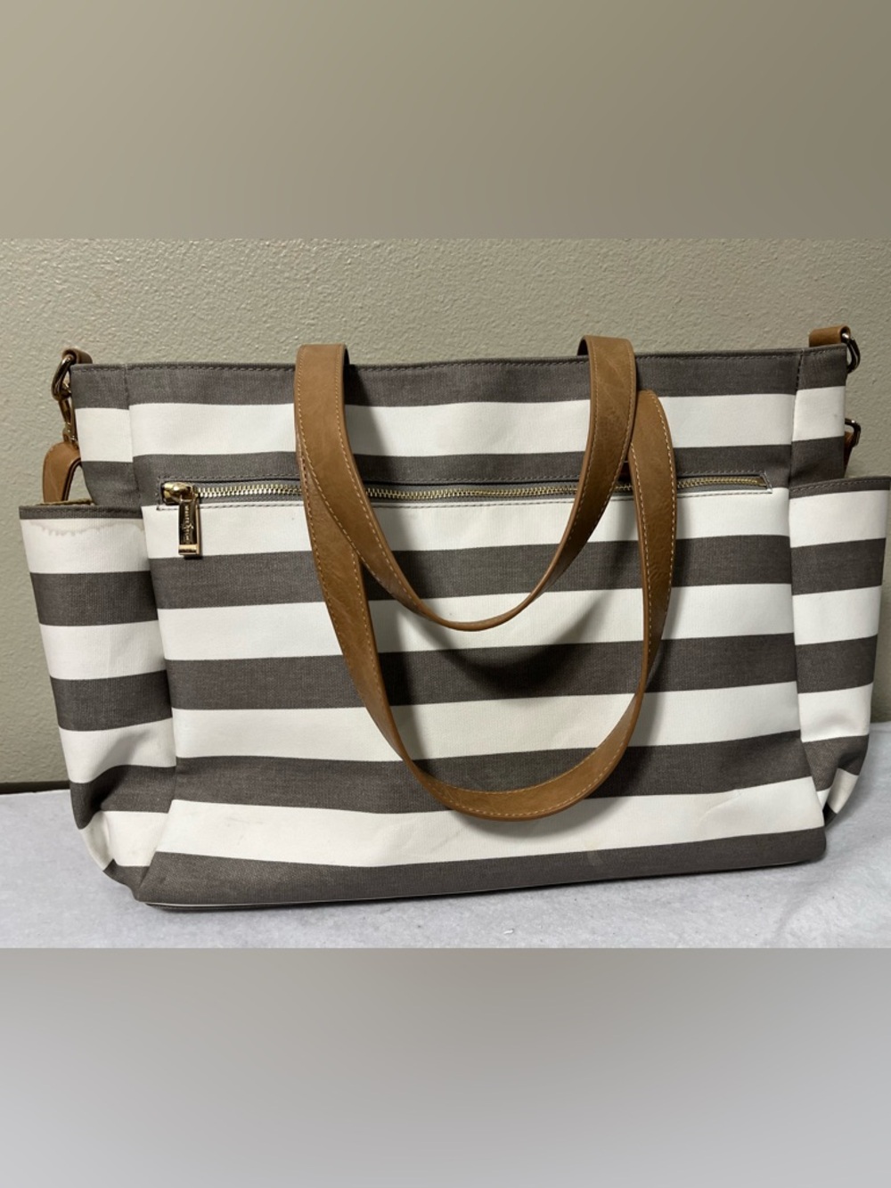 White Elm Aquila Tote Gray White Striped Canvas Diaper Work Bag Crossbody - Picture 2 of 16